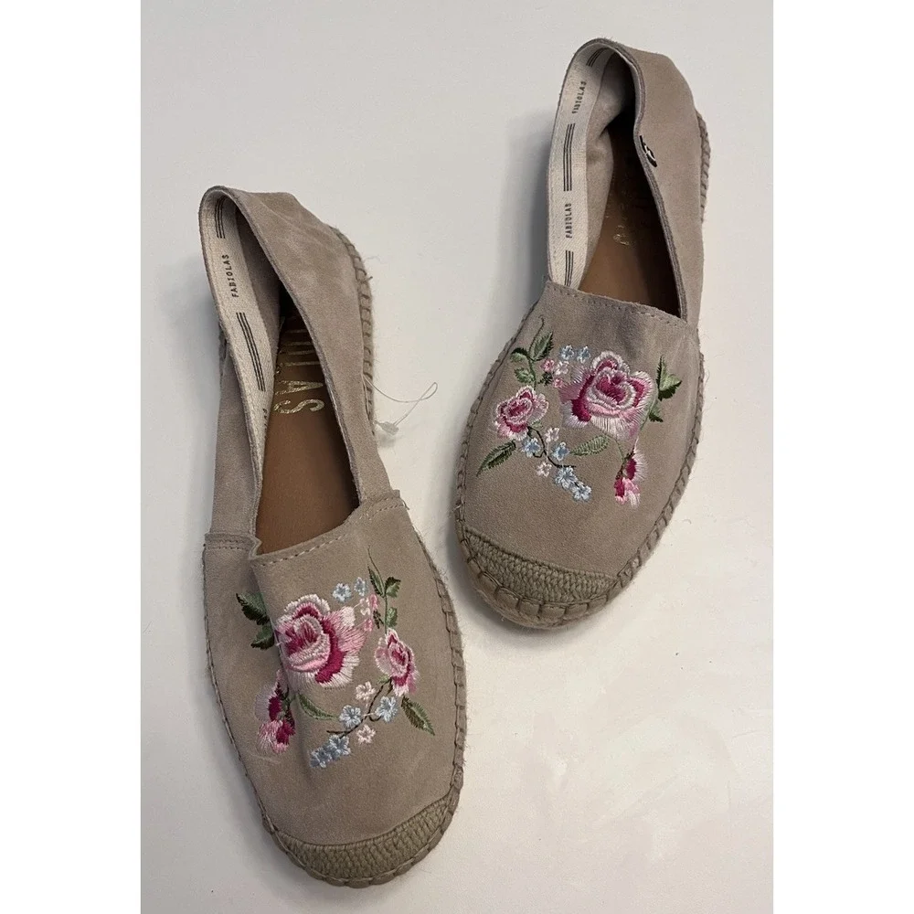 New FABIOLAS Sz 9 40 Espadrilles Suede Embroidered Flats Beige Tan Anthropologie